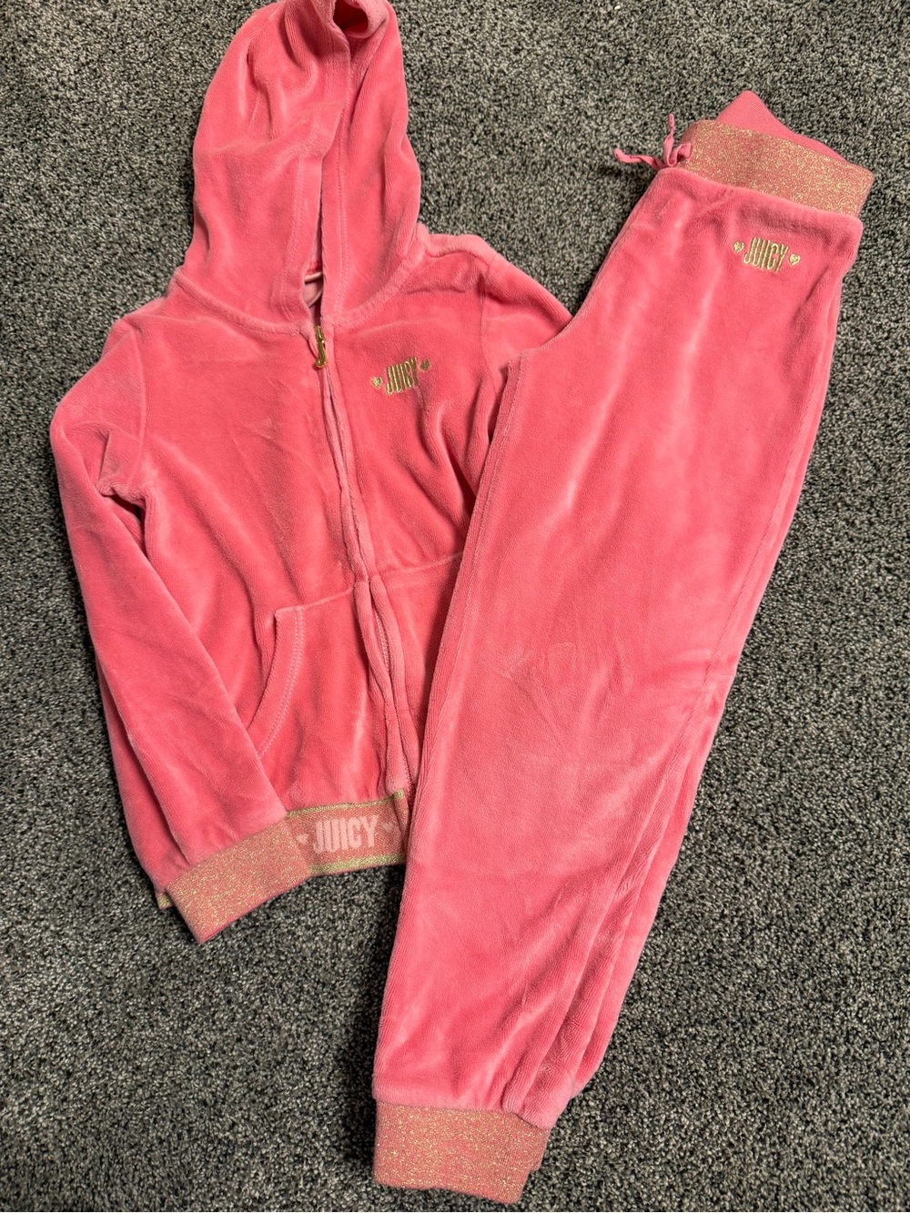 Juicy Couture Coral Pink Velour Zip Hoodie & Jogger Set with Glitter Trim